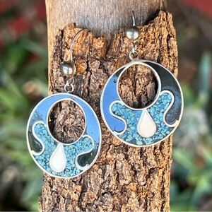 Vintage 925 Sterling Silver Made in Mexico Turquoise & Enamel Dangle Earrings